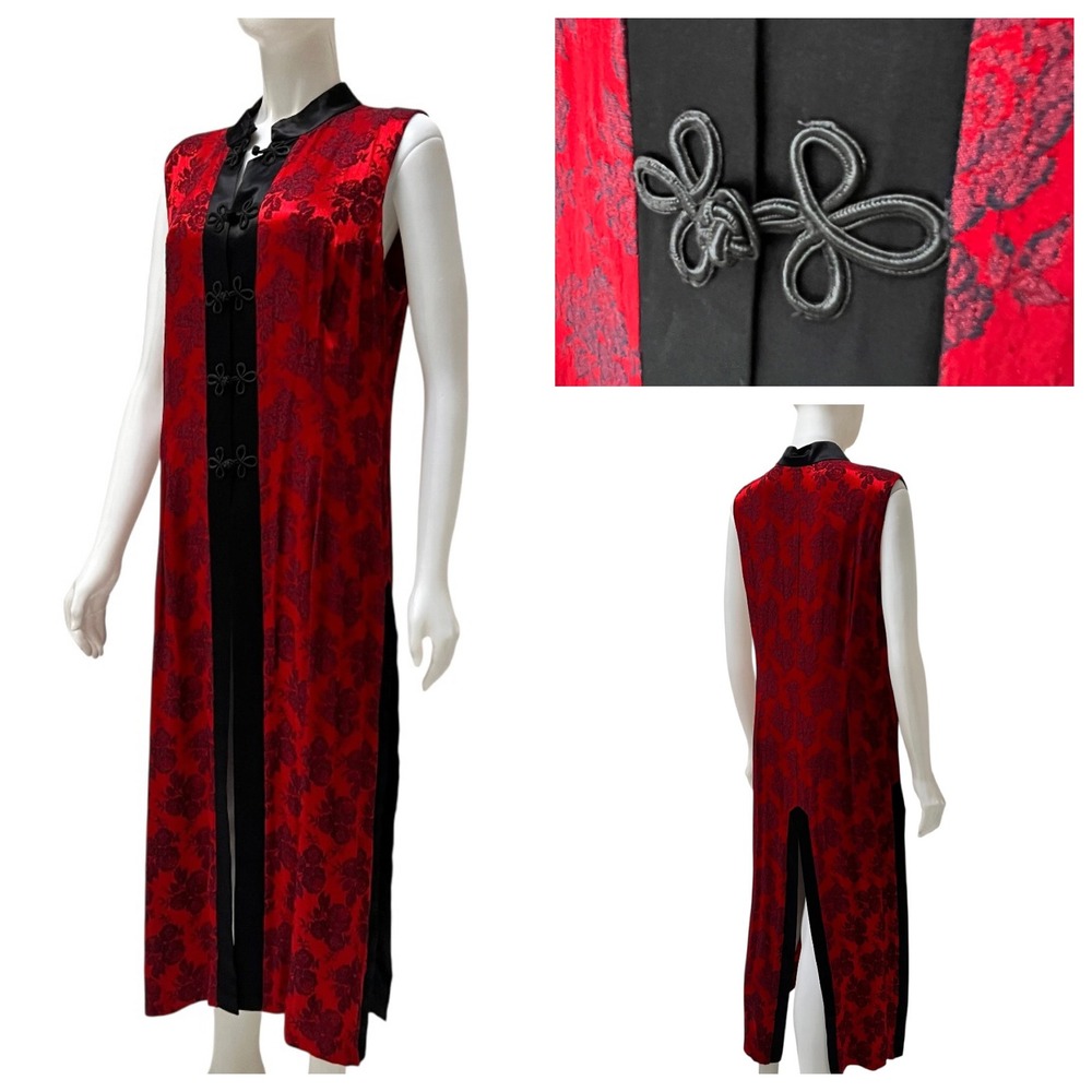 Vtg 90s Alchemy Joo Mee Brocade Cheongsam Maxi Dress Red Black Frog Closure L